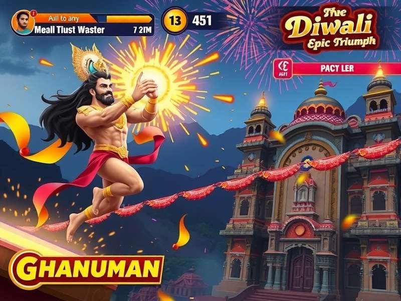 Hanuman's Epic Triumph Diwali event screenshot showing fireworks and decorated temples